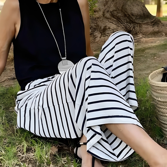 NEW! White Striped Pocket Casual Drawstring Wide LegPants - Picture 3 of 16